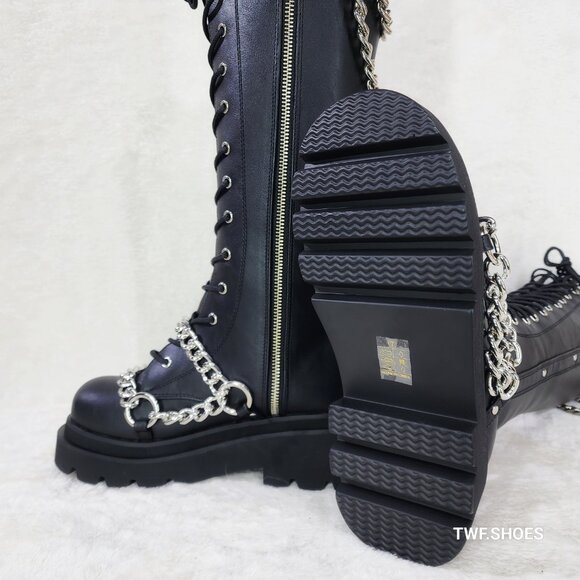 Renegade Lace Up Draped Chain Combat Knee High Boots Goth Punk Rocker Biker Boot - Picture 10 of 10